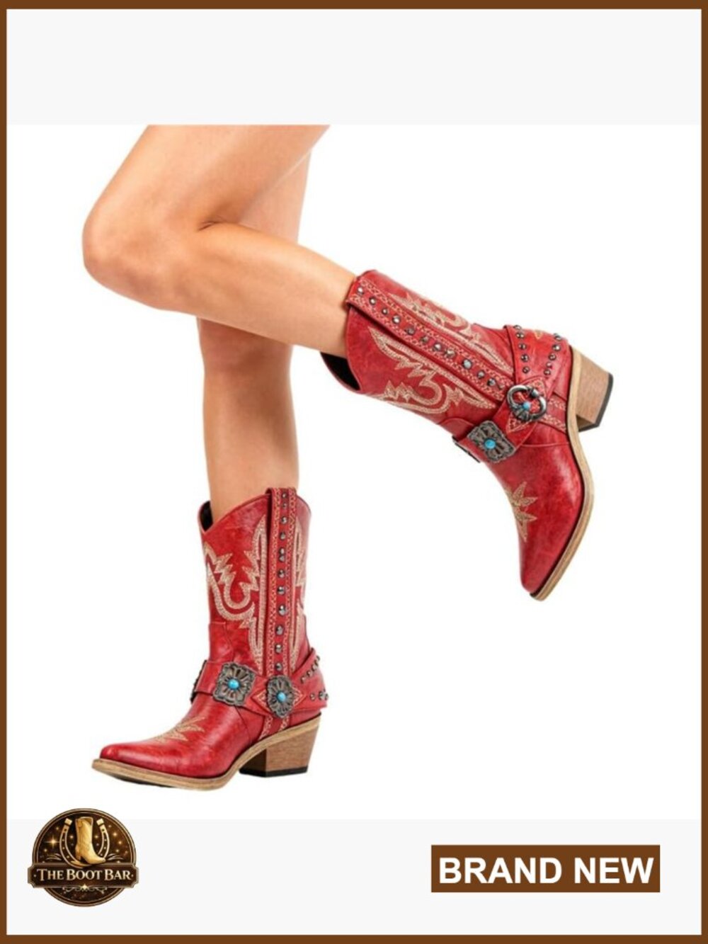 Women's Ankle Western Boots with Embroidery Studded Harness Block Heel - Picture 6 of 7